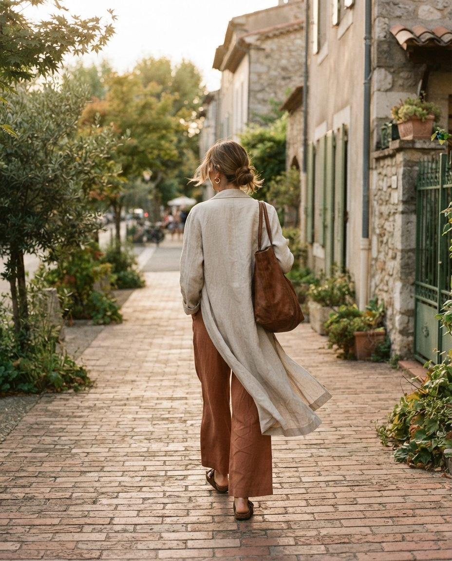 Editorial look: a woman in an oat linen duster, walking down a brick sidewalk with a soft leather tote.