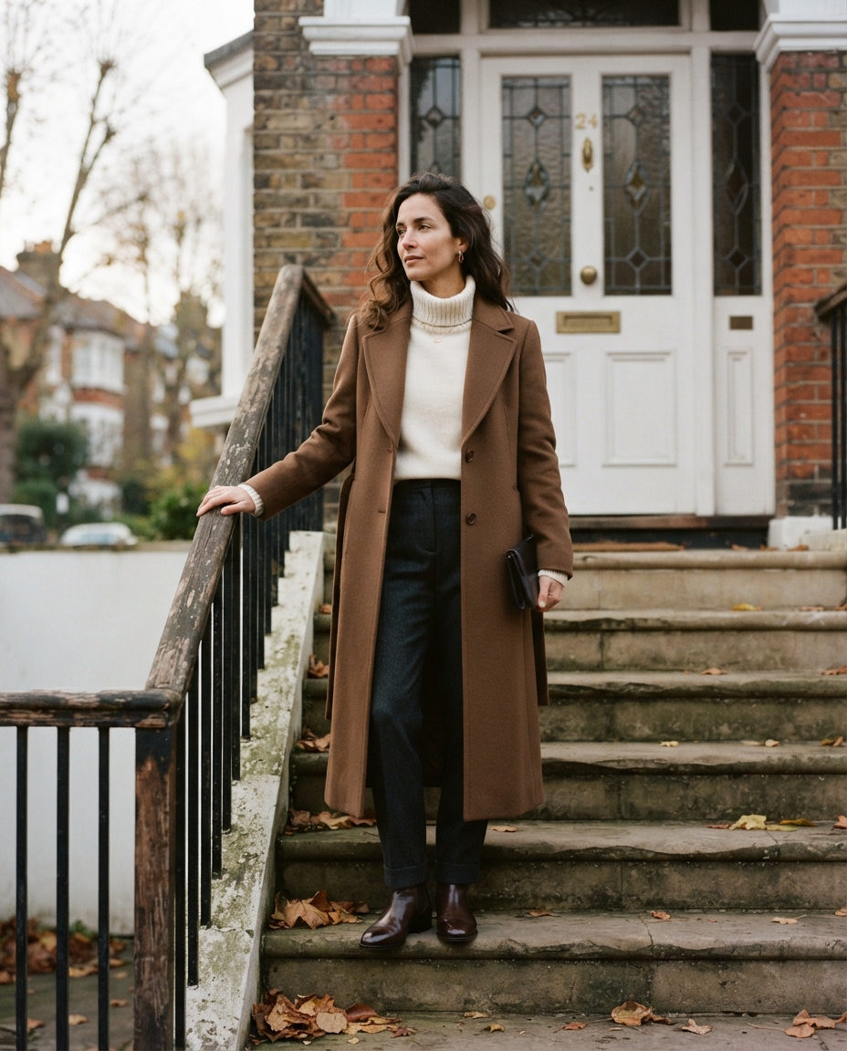 A woman in a long camel wool overcoat standing on the steps of a 1920s house in late afternoon winter light.