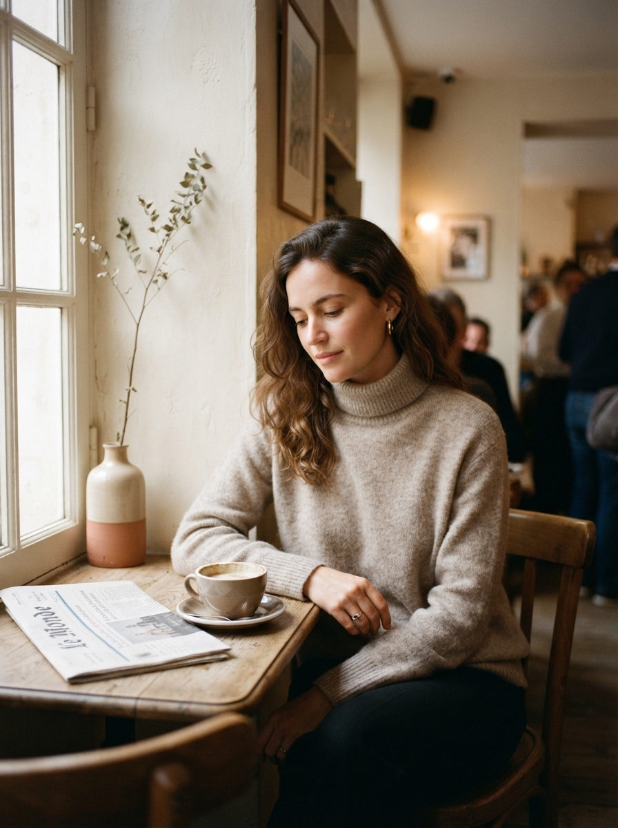 Editorial look: a woman in an oatmeal roll-neck sweater at a small café table with a coffee cup.