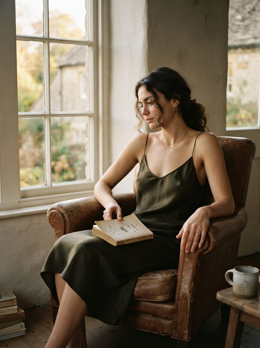 A woman in a deep olive silk slip dress sitting in a worn leather chair beside a tall window, reading a paperback.