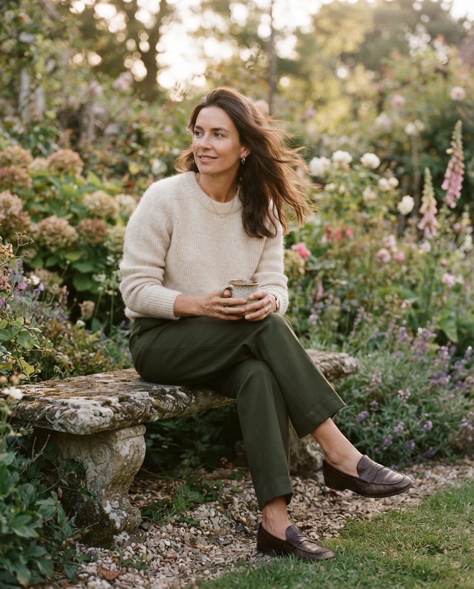 Editorial look: a woman in a cream sweater and deep olive wide-leg trousers sitting on a garden bench.