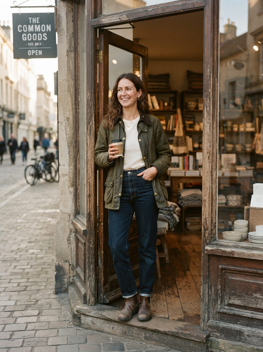 A woman in a faded olive canvas barn jacket and dark indigo jeans standing in the doorway of a small shop.