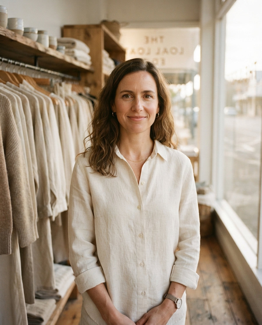 Mira Vance, the owner of Hazel & Hide, standing inside the shop in soft window light.