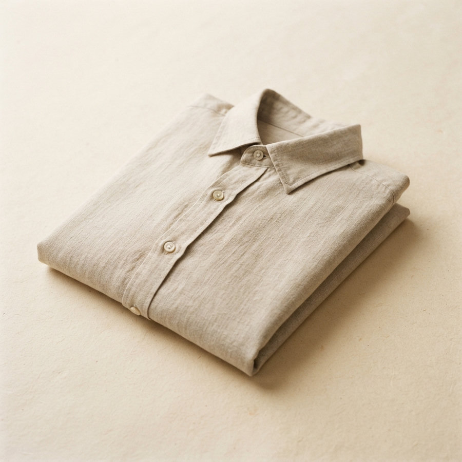 A folded oatmeal linen button-down shirt.