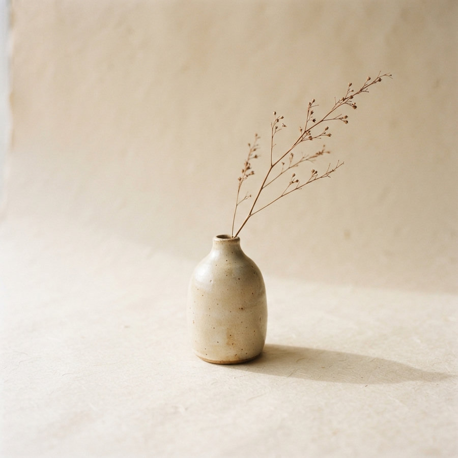 A small hand-thrown cream stoneware bud vase with a single dried branch.