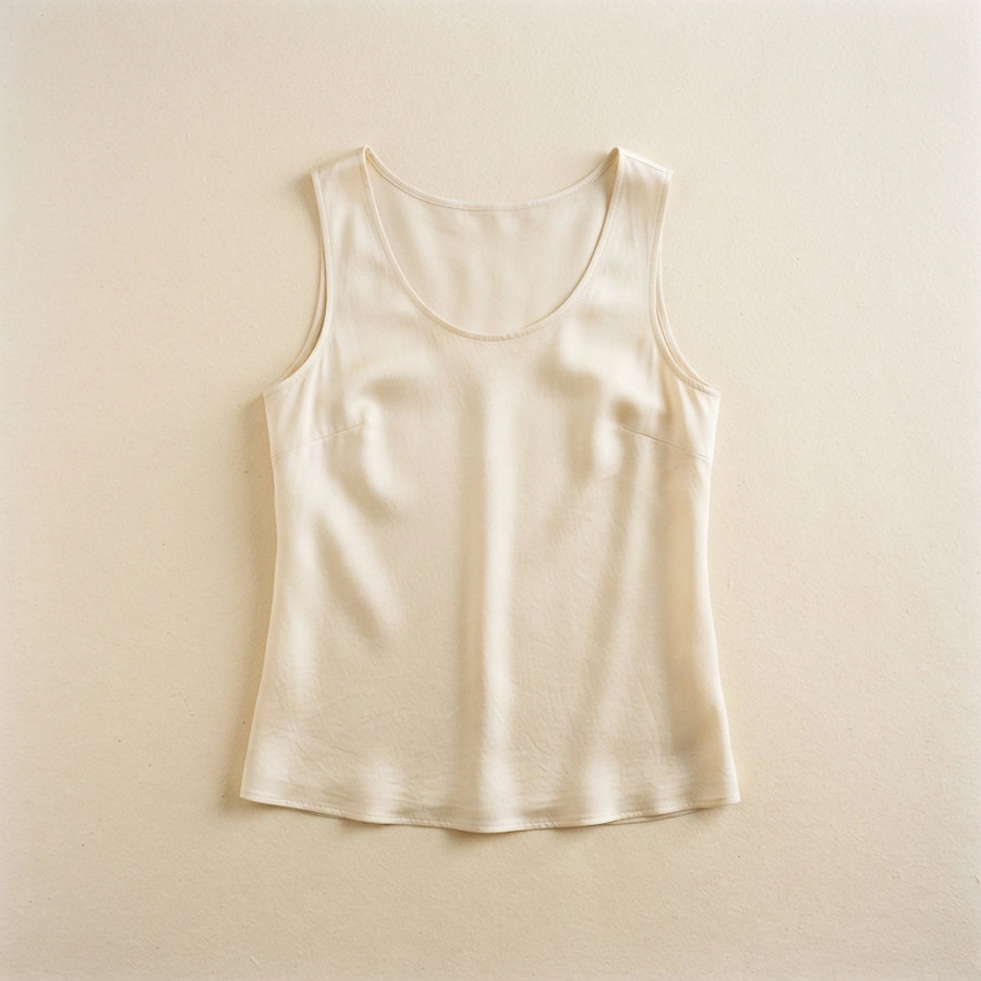 A cream silk shell top laid flat on a warm paper background.