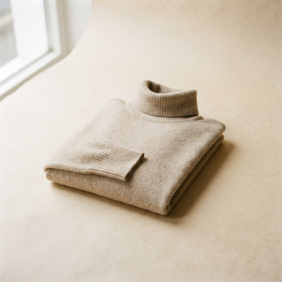 A folded oatmeal cashmere roll-neck sweater on a warm paper background.