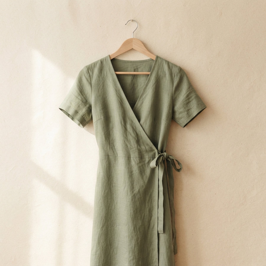 A sage linen wrap dress on a wooden hanger.