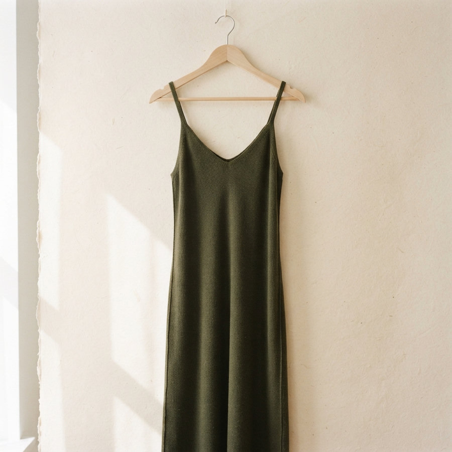 A deep olive silk slip dress on a wooden hanger.