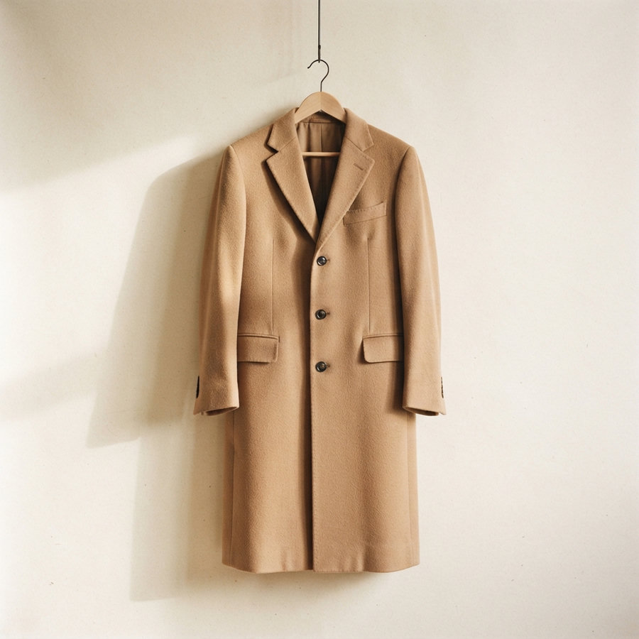 A long camel wool coat on a wooden hanger.