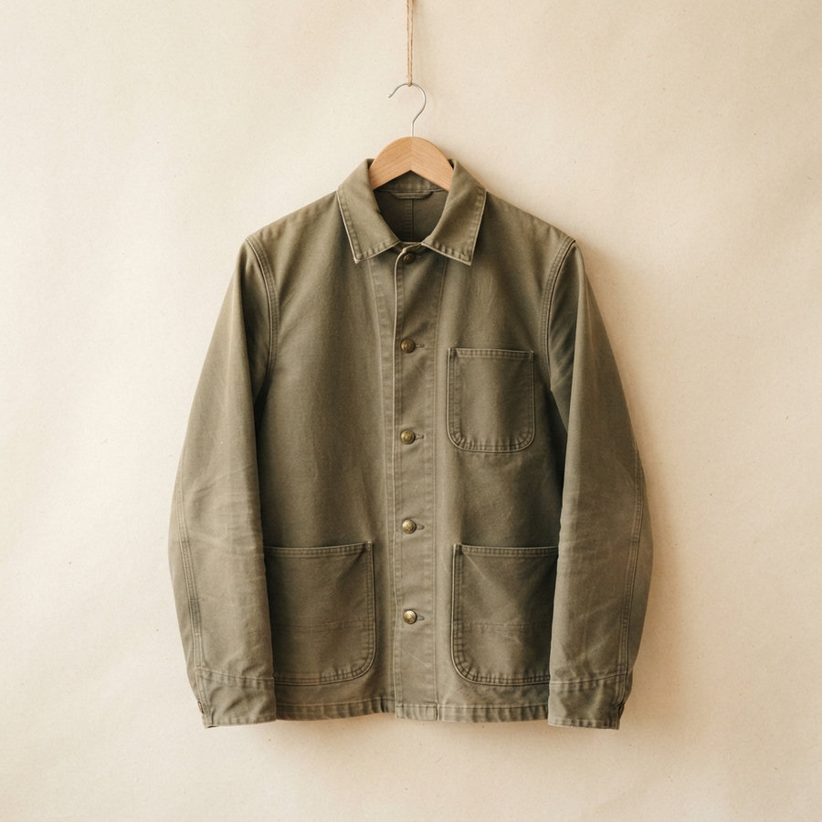A faded olive canvas barn jacket on a wooden hanger.